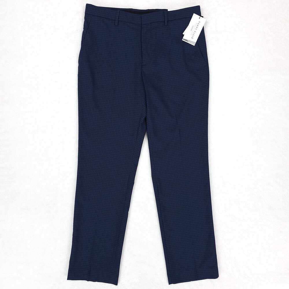 Perry Ellis Mens Slim Fit Dress Pants 32x30 Navy Blue Grid Check Stretch NWT